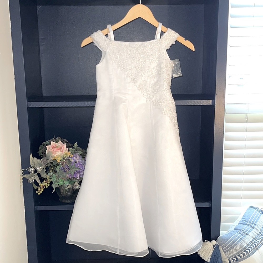 First Communion dress. White special occasion dress.